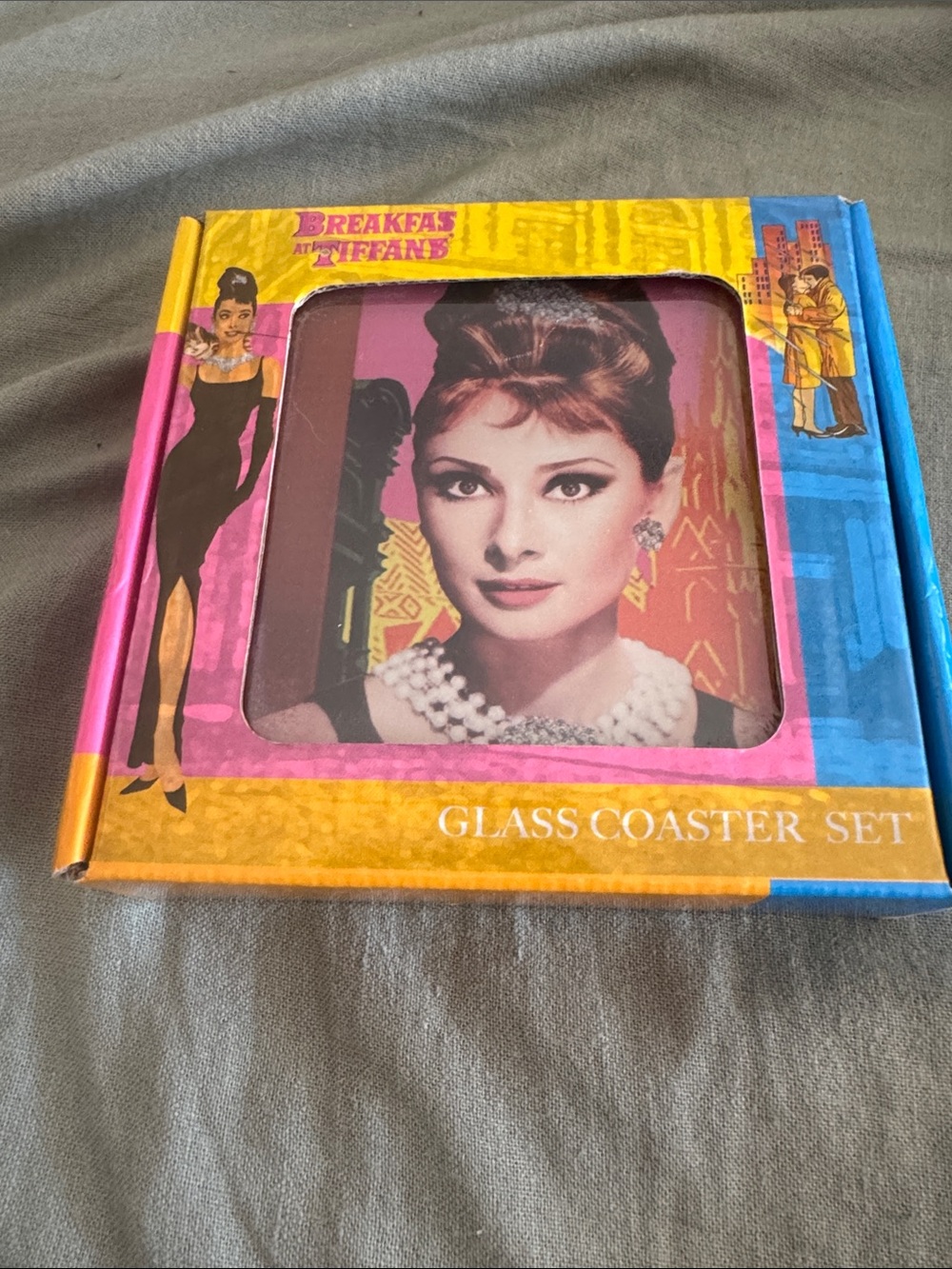 Audrey Hepburn Breakfast at Tiffanys glass coaster set of 4 different images.